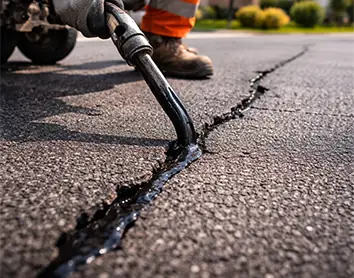 Hot-pour crack filling sealing pavement before winter damage