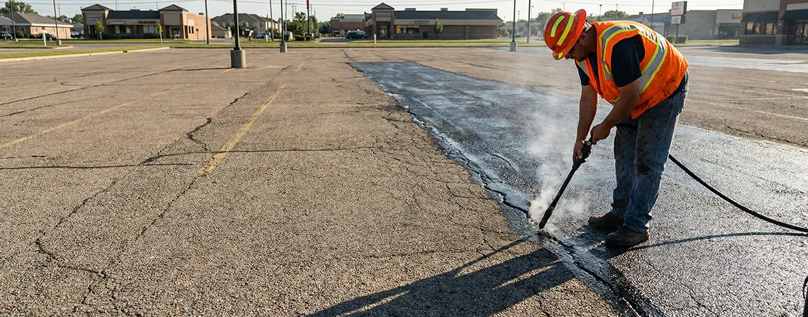 Asphalt crack being professionally filled in Lebanon PA